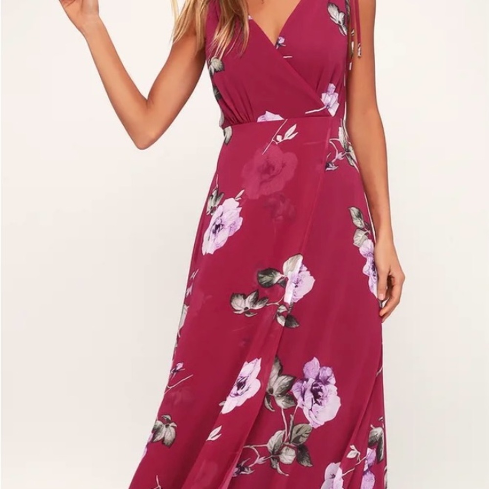 Floral Sleeveless Wrap Dress - Burgundy